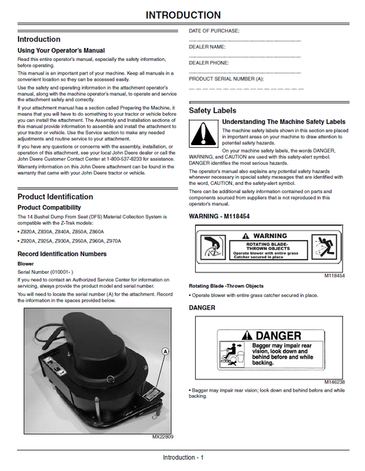 John Deere OMTCU25046 Rear Hopper Dump & Blower 14 Bushel Guide PDF