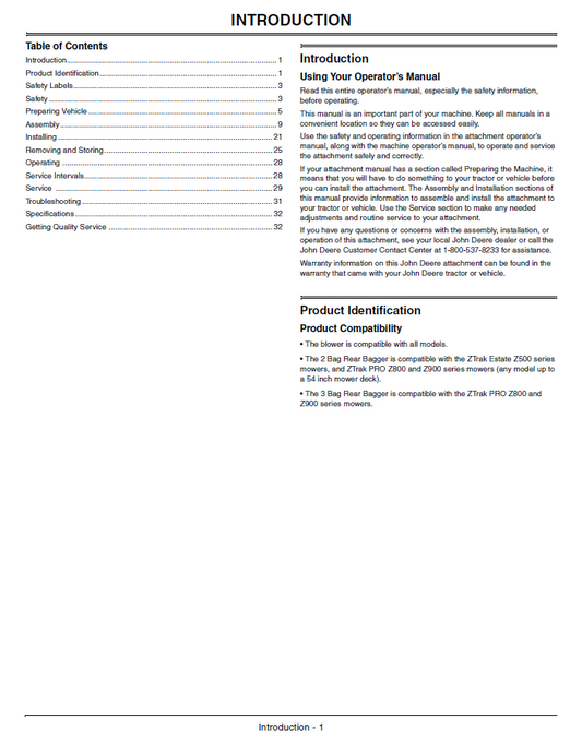 John Deere OMTCU29191 Blower and Rear Bagger Material Collection System Manual