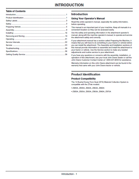 John Deere OMTCU29193 Blower and Rear Hopper 14 Bushel Operator Manual Download