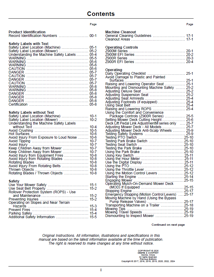 John Deere Pro Series Z900M/Z900R ZTrak Zero Turn Gas Mower Service & Operator Manual