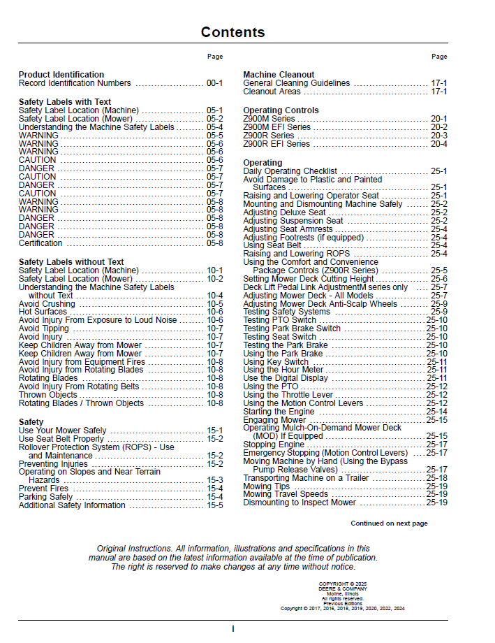John Deere Pro Series Z900M Z900R Zero Turn Mower Gas Operator Manual Guide