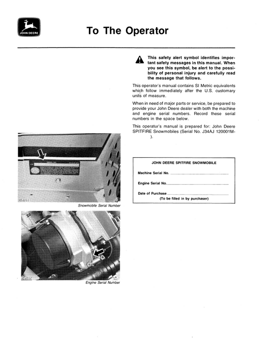John Deere Spitfire Snowmobile OMM68421 Operation & Maintenance Manual PDF