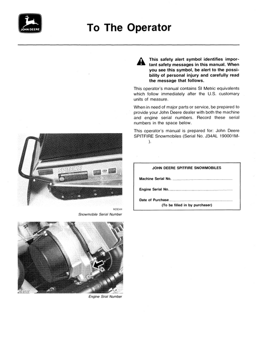 John Deere Spitfire Snowmobile OMM69088 Operation & Maintenance Manual PDF