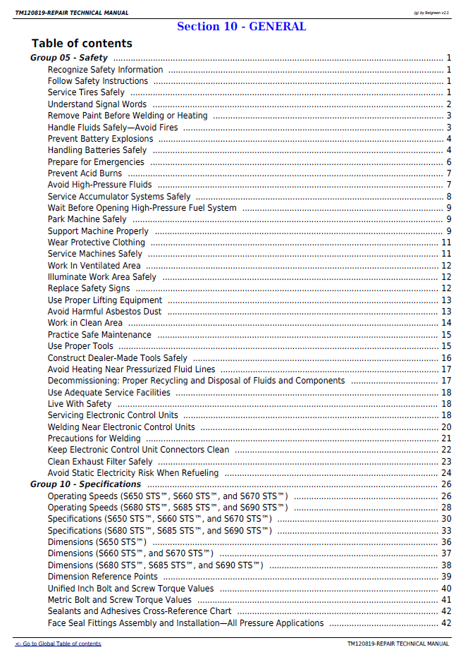 John Deere TM120819 Combine Guide | STS Series Repair Manual