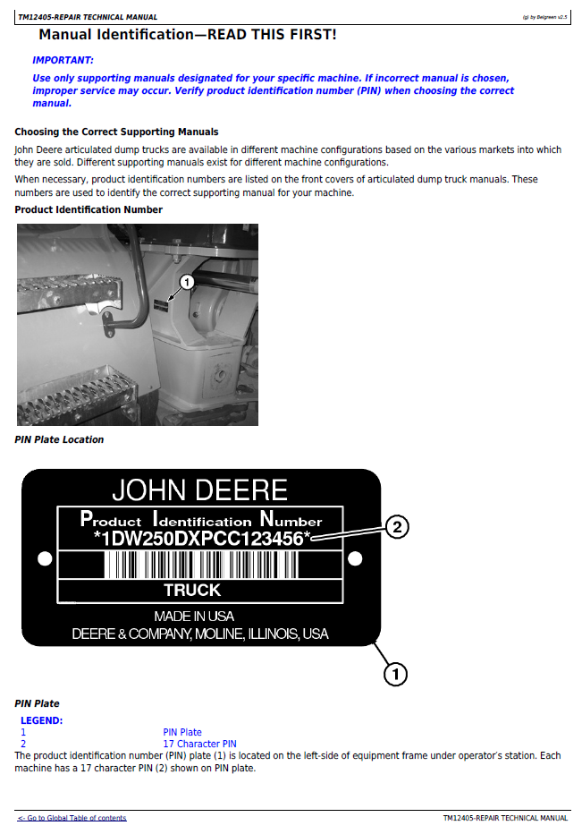 John Deere TM12405 Technical Manual for 250D & 300D Series II Trucks