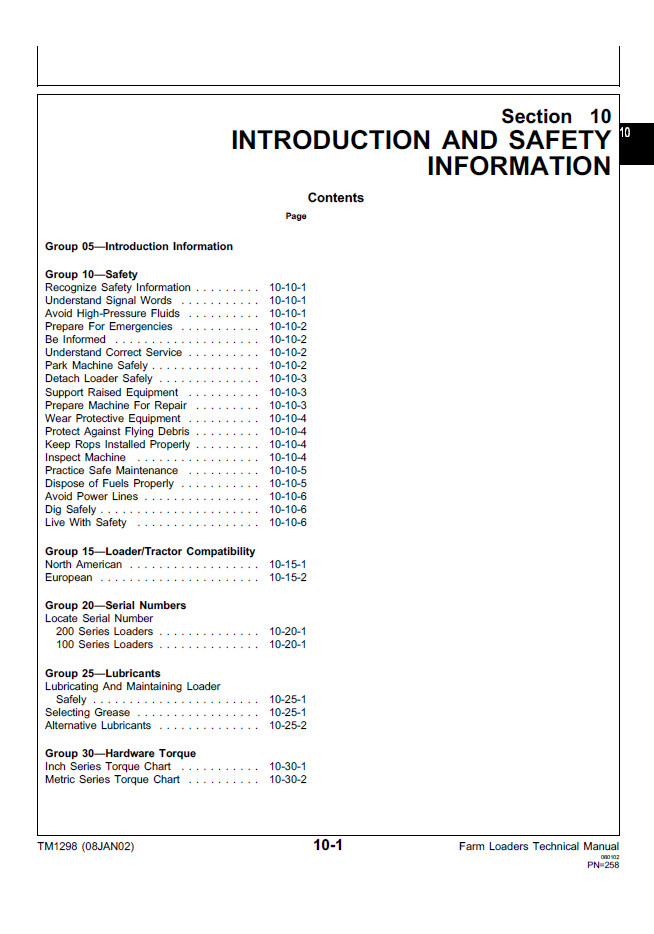 John Deere TM1298 Loader Service, Repair & Hydraulic Manual Guide