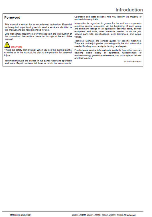 John Deere TM166619 ZTrak Z300–Z375 Series Service Repair Manual