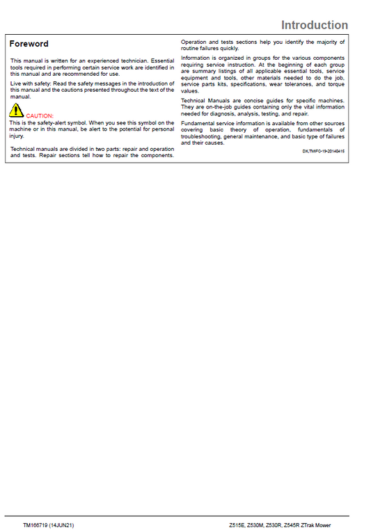 John Deere TM166719 ZTrak Z500 Series Service Repair Manual