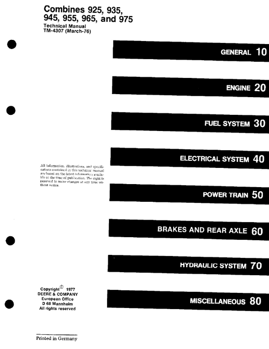 John Deere TM4307 Combine Service Repair Manual for 925-975 Models