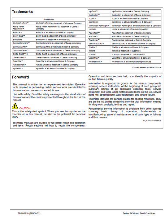 John Deere TM805319 S430 & S440 Combine Service Repair Manual