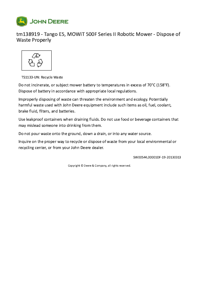 John Deere Tango E5 Mowit 500F Series II Diagnostic Service Manual TM138919