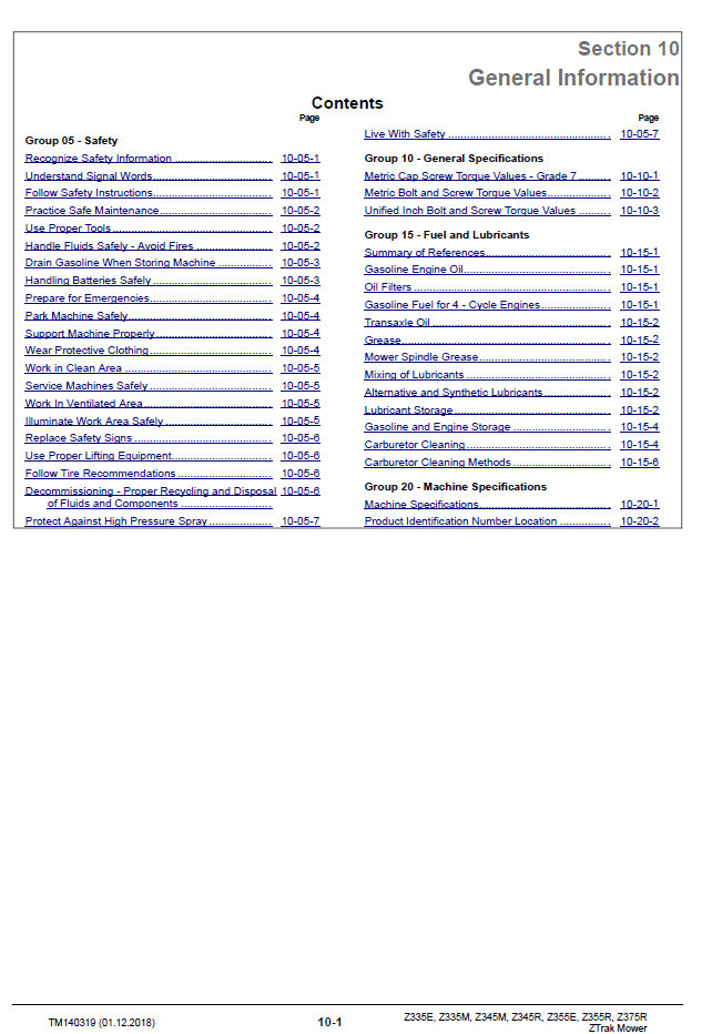 John Deere Z335E-Z375R ZTrak Mower Technical Repair Manual TM140319