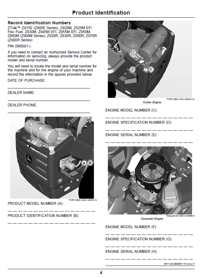 John Deere Z900E, Z900M, Z900R ZTrak Pro Series Gas Operator Manual OMUC10539