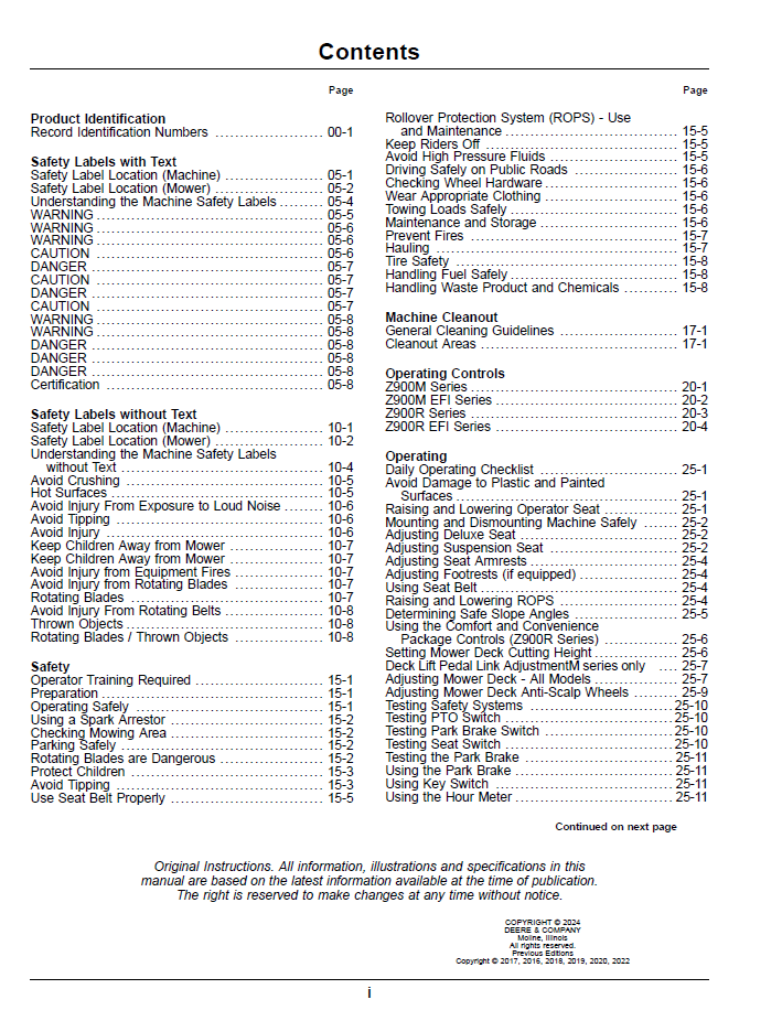 John Deere Z900M/Z900R Operator Guide - Zero Turn Gas Mower Manual OMUC37498E