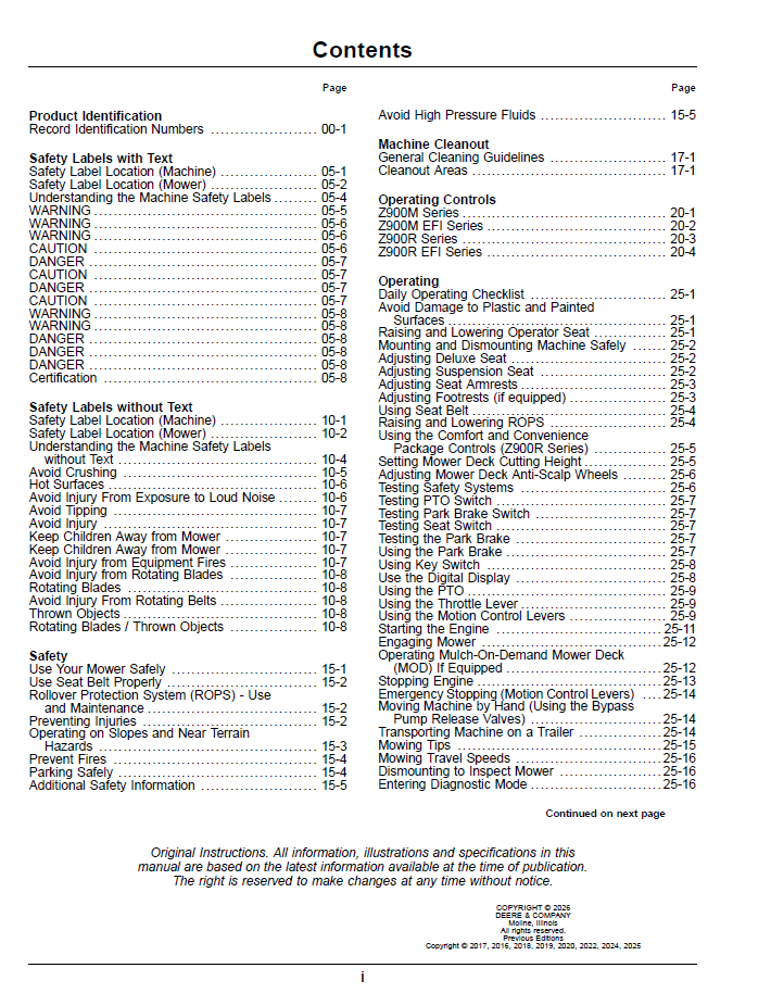John Deere Z900M & Z900R ZTrak Zero Turn Mower Operator Manual OMUC46547E