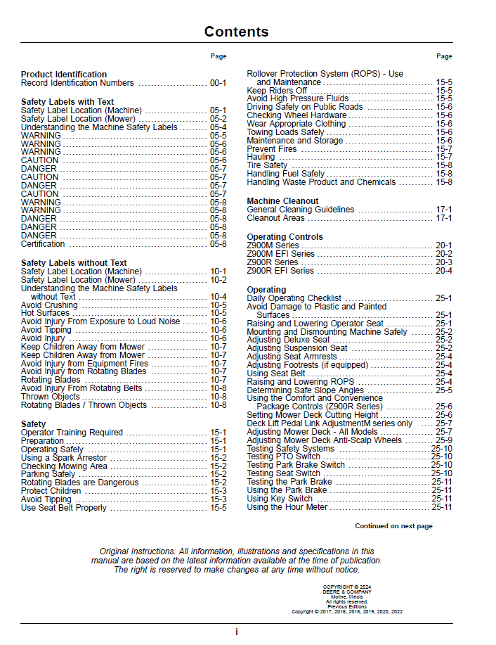 John Deere Z900M/Z900R Zero Turn Gas Mower OMUC37498E Operator Guide