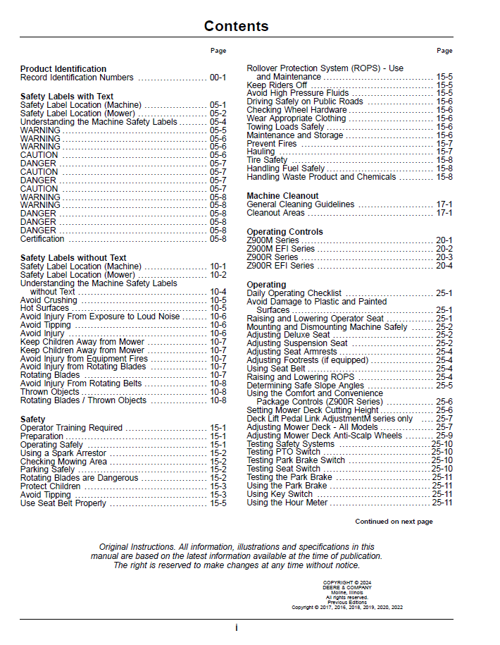 John Deere Z900M and Z900R Zero Turn Gas Mower Operator Guide