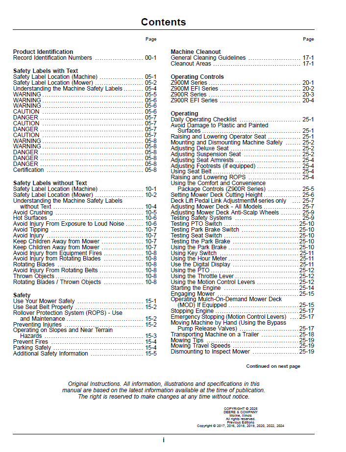 John Deere Z900 Pro Series ZTrak Commercial Gas Operator Manual OMUC43279E