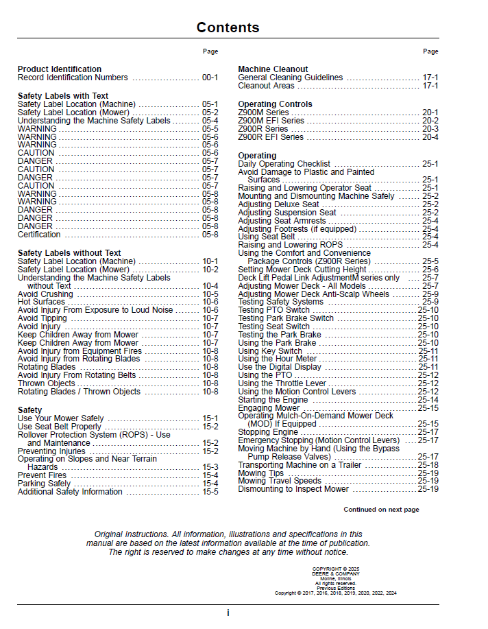 John Deere Z900 Pro Series Zero Turn Mower Manual (OMUC43279E)