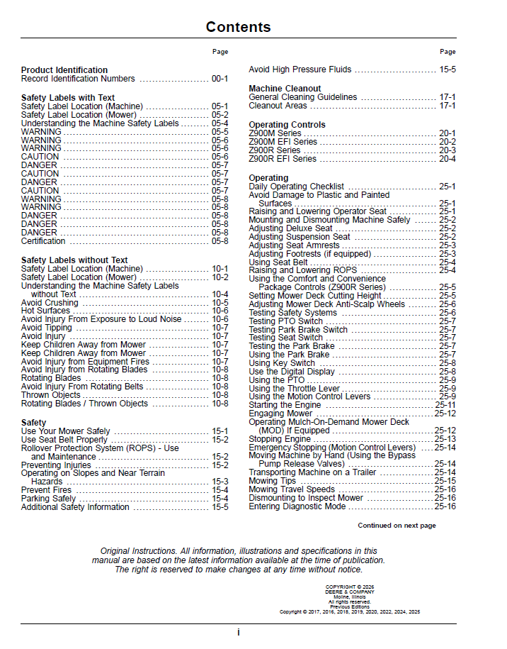 John Deere Z900 Pro Series Zero Turn Mower Manual (OMUC46547E)