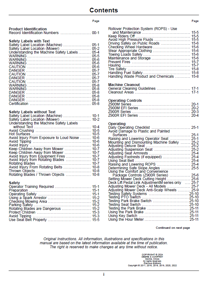 John Deere Z900 Pro Series Zero Turn Operator Manual (OMUC37498E)