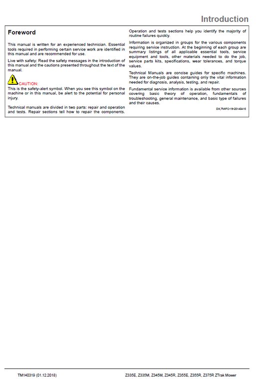 John Deere ZTrak Mower TM140319 Technical Service & Repair Manual PDF
