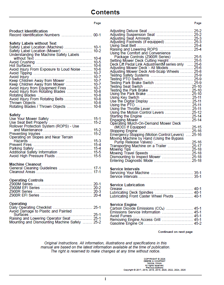 John Deere ZTrak Zero Turn Gas Mower Manual OMUC46549 Z900 Series
