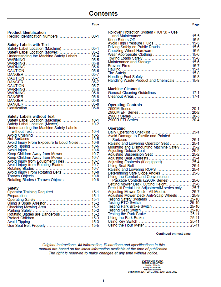 John Deere Zero Turn Mower Z900 Series Operator Guide OMUC37498