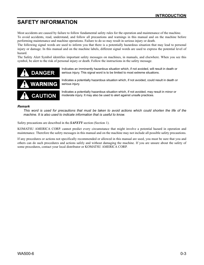 KOMATSU WA500-6 Wheel Loader Operation & Maintenance PDF Manual