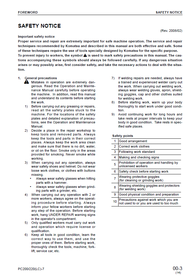 Komatsu PC200-7 PC220-7 Workshop Manual SEBM024314 PDF