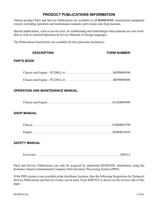Komatsu PC200LL-6 PC220LL-6 Hydraulic Excavator Maintenance Manual PDF