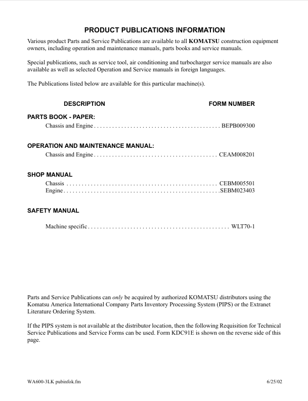Komatsu WA600-3LK Loader Operation & Maintenance Manual PDF