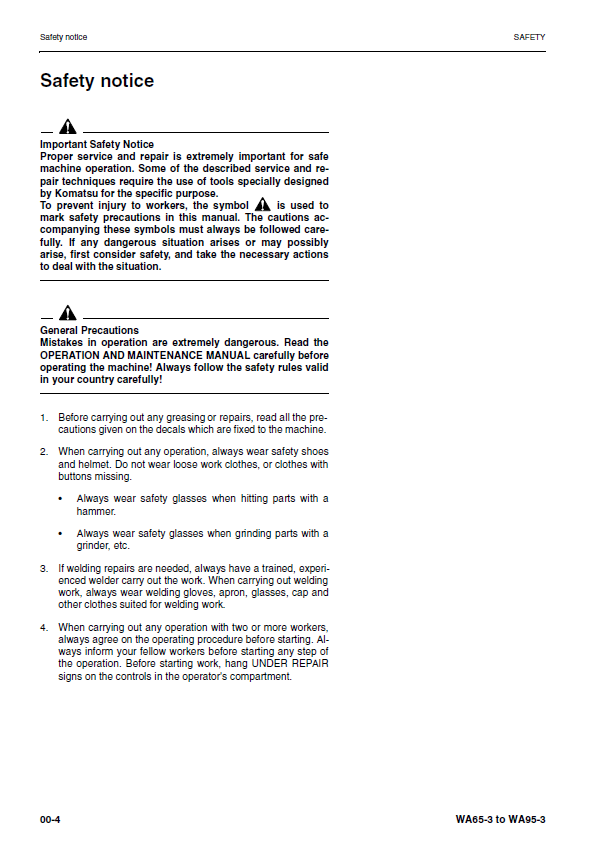Komatsu WA65-3 - WA95-3 Wheel Loader Factory Shop Manual & Maintenance Guide