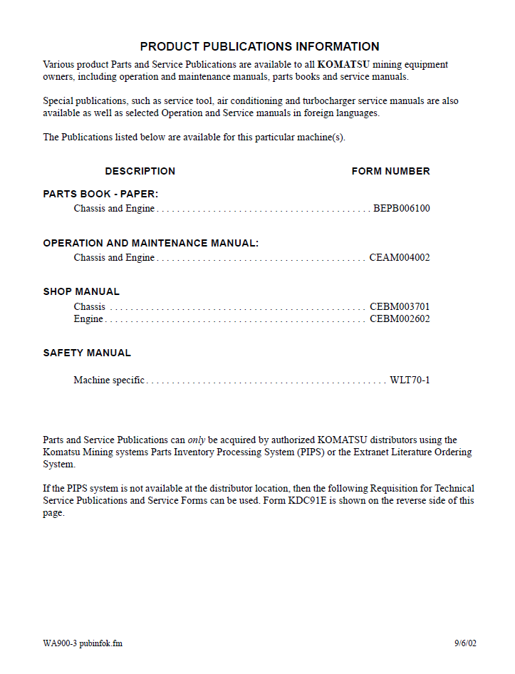 Komatsu WA900-3LC Loader Operation Manual CEAD004002 PDF