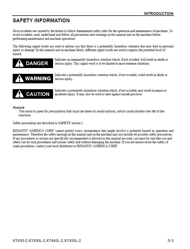 Komatsu XT430L-2 XT450L-2 Maintenance Manual CEAM025604