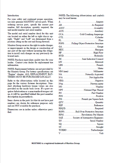 MUSTANG 850R Parts Catalog Manual 2012 (EU) Skid-Steer Loader PDF