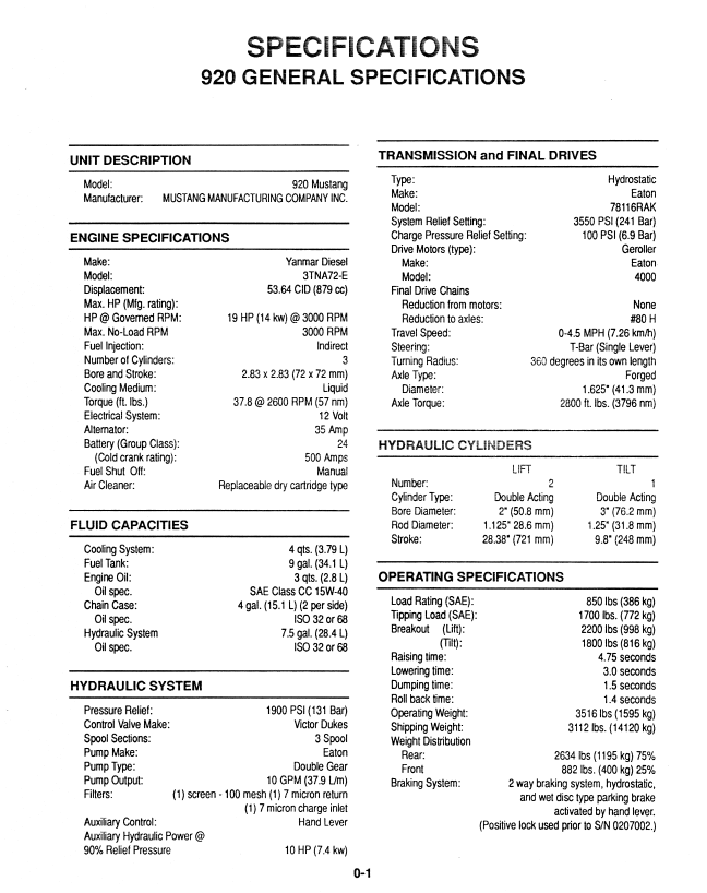 MUSTANG 920/930A Skid Loader Maintenance & Repair Manual PDF