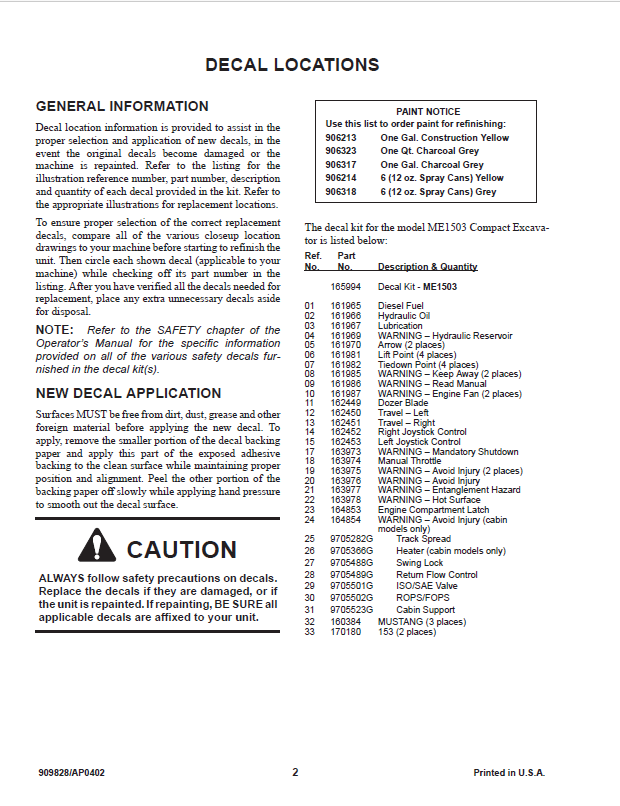 MUSTANG ME1503 Compact Excavator Spare Parts Manual 909828 PDF