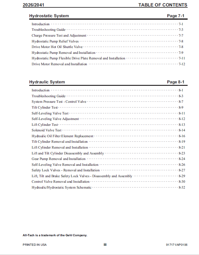 MUSTANG Skid Steer Loader 2026 & 2041 Maintenance Manual PDF