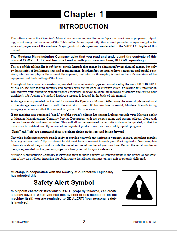Mustang 638 Telehandler 908469 User and Operator Handbook