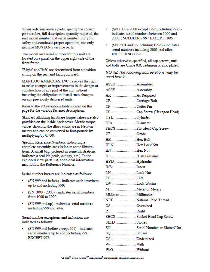 Mustang AL406 Equipment Parts Manual 918420 PDF Download