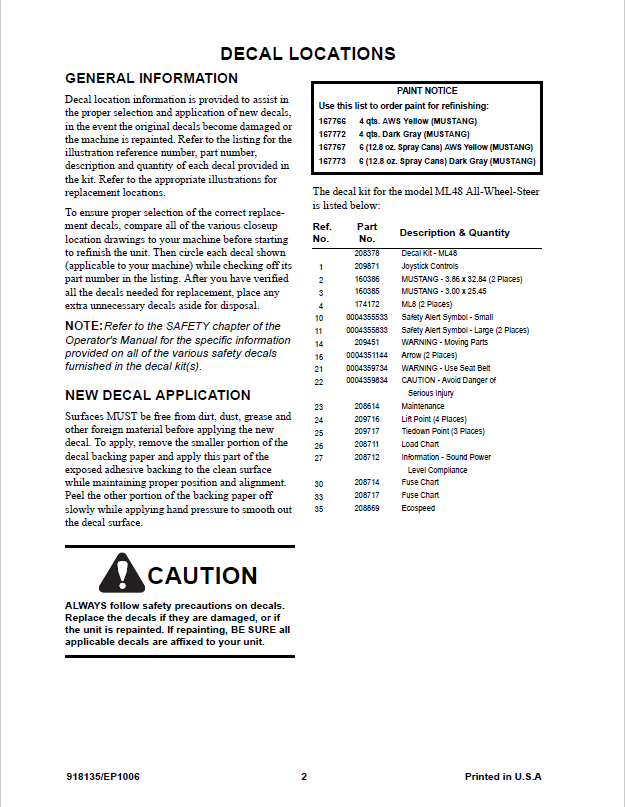 Mustang ML48 Loader Parts Diagram & Catalog Manual PDF 918135