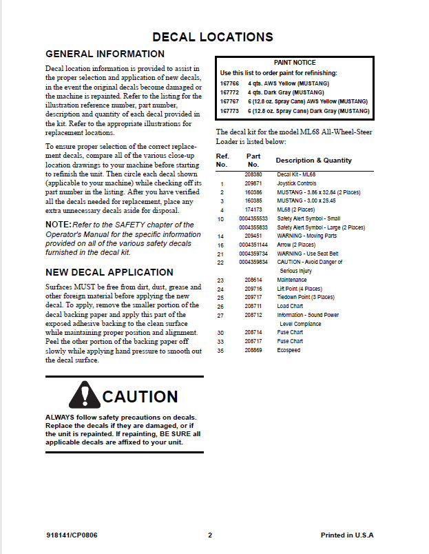 Mustang ML68 Loader Parts Diagram & Service Manual 918141 PDF