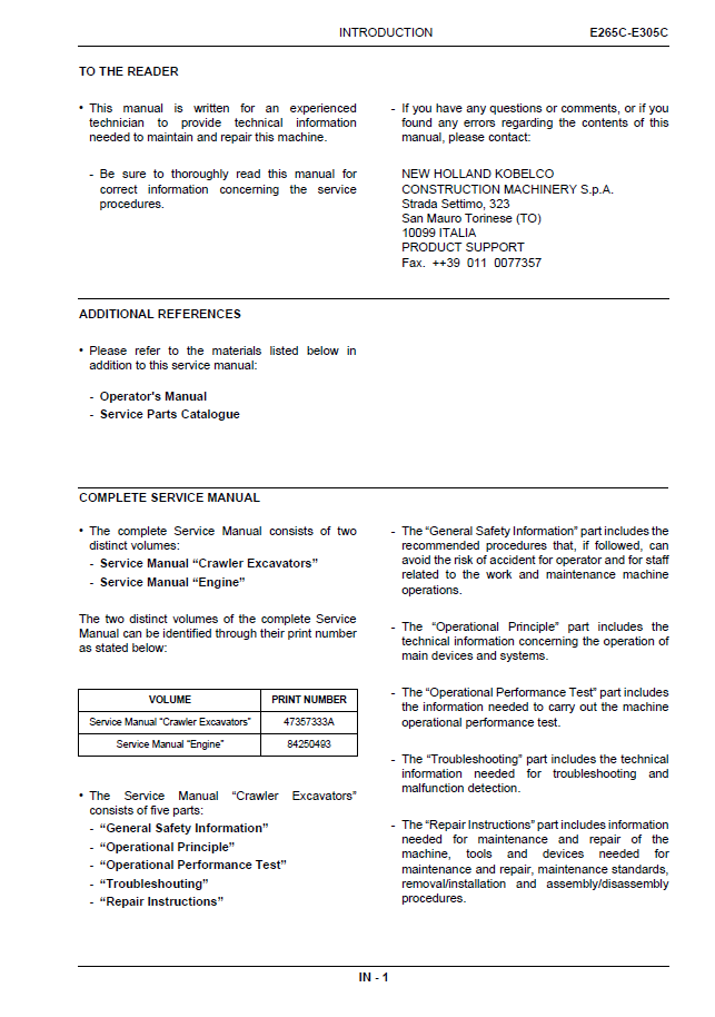 NEW HOLLAND E265C, E305C CRAWLER EXCAVATOR SERVICE MANUAL 47357333A PDF