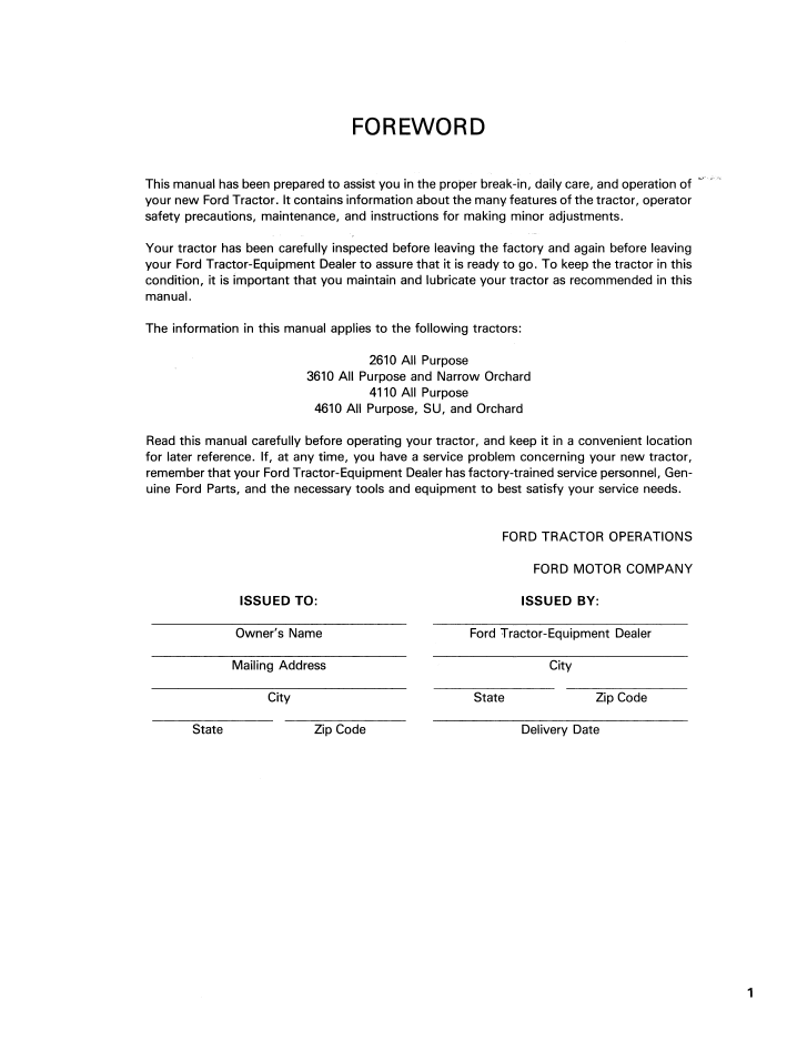 New Holland 42001010 Ford Series 10 Tractor Operator Manual