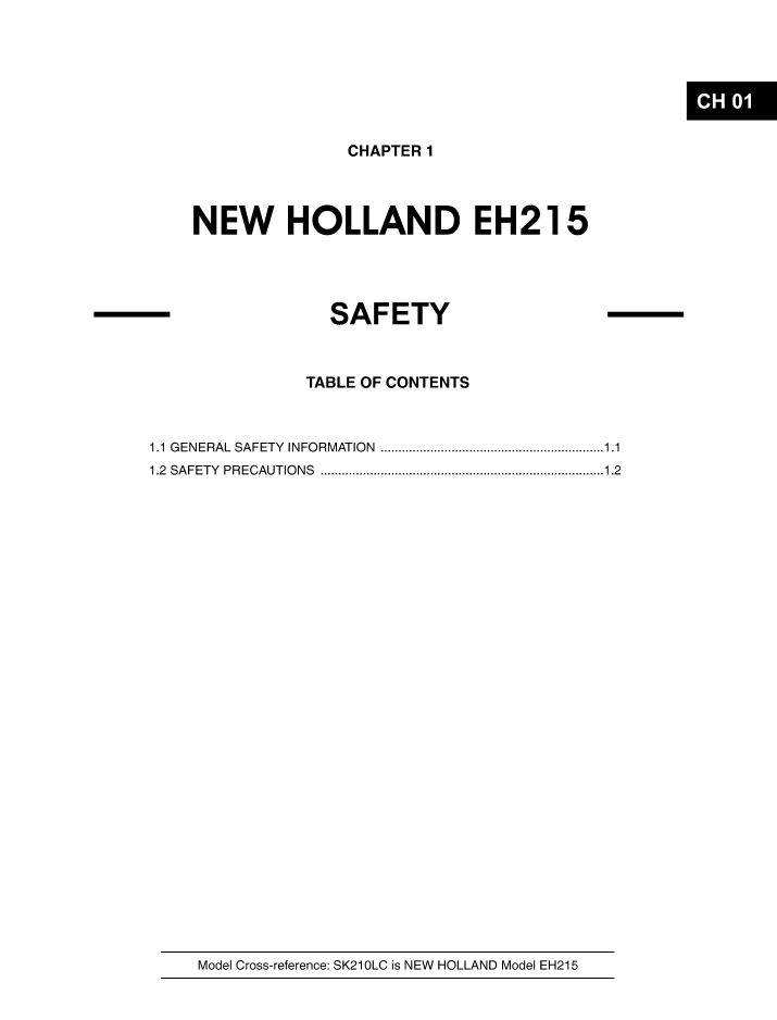 New Holland EH215 Crawler Excavator Service Manual 6-75780NA PDF