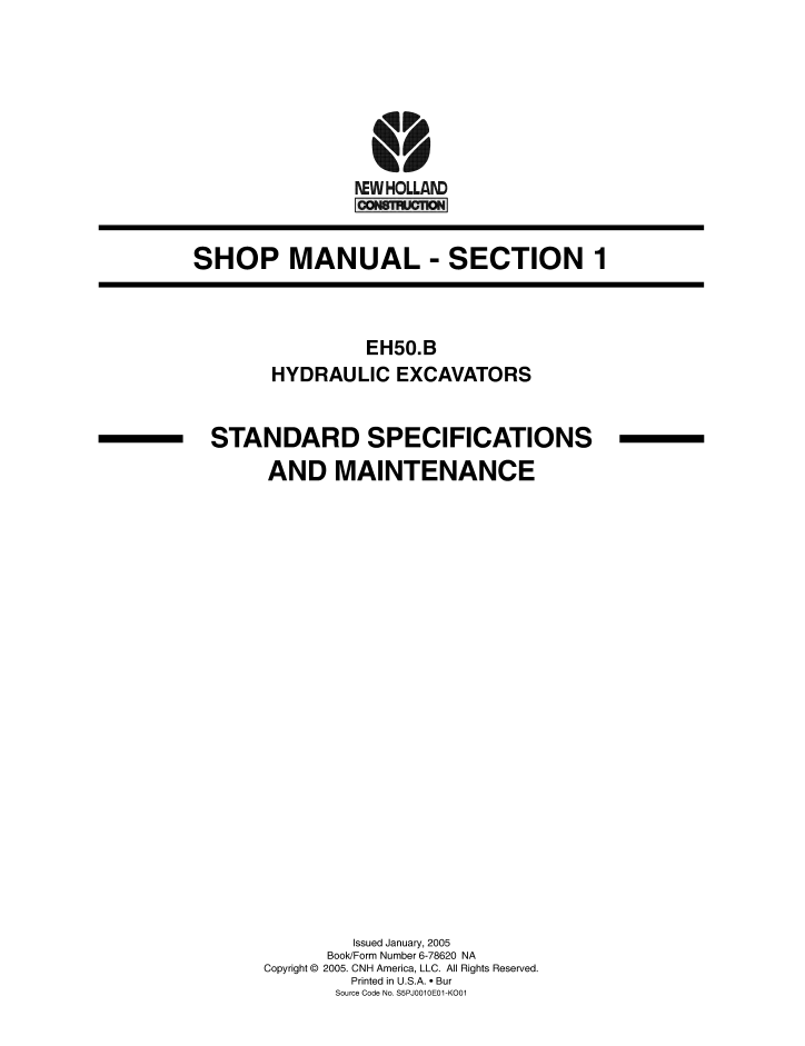 New Holland EH50.B Hydraulic Excavator Repair Manual 6-78600NAR0 PDF