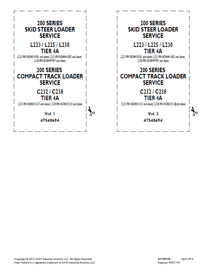 New Holland L223 L225 L230 C232 C238 Tier 4A Service Manual (Pub #47720776)
