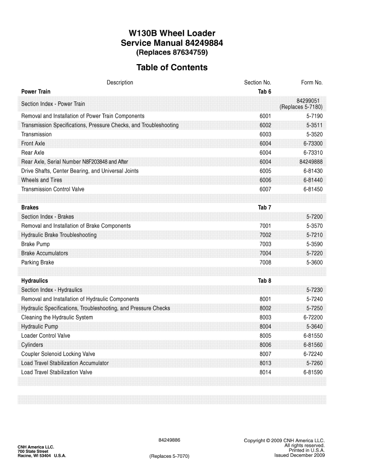 New Holland W130B Tier 3 Loader Service Manual 84249884 PDF
