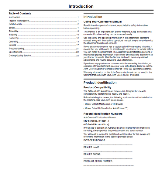 JOHN DEERE AUTOCONNECT™ MID-MOUNT MOWER 54D AND 60D OPERATOR MANUAL OMLVU25573